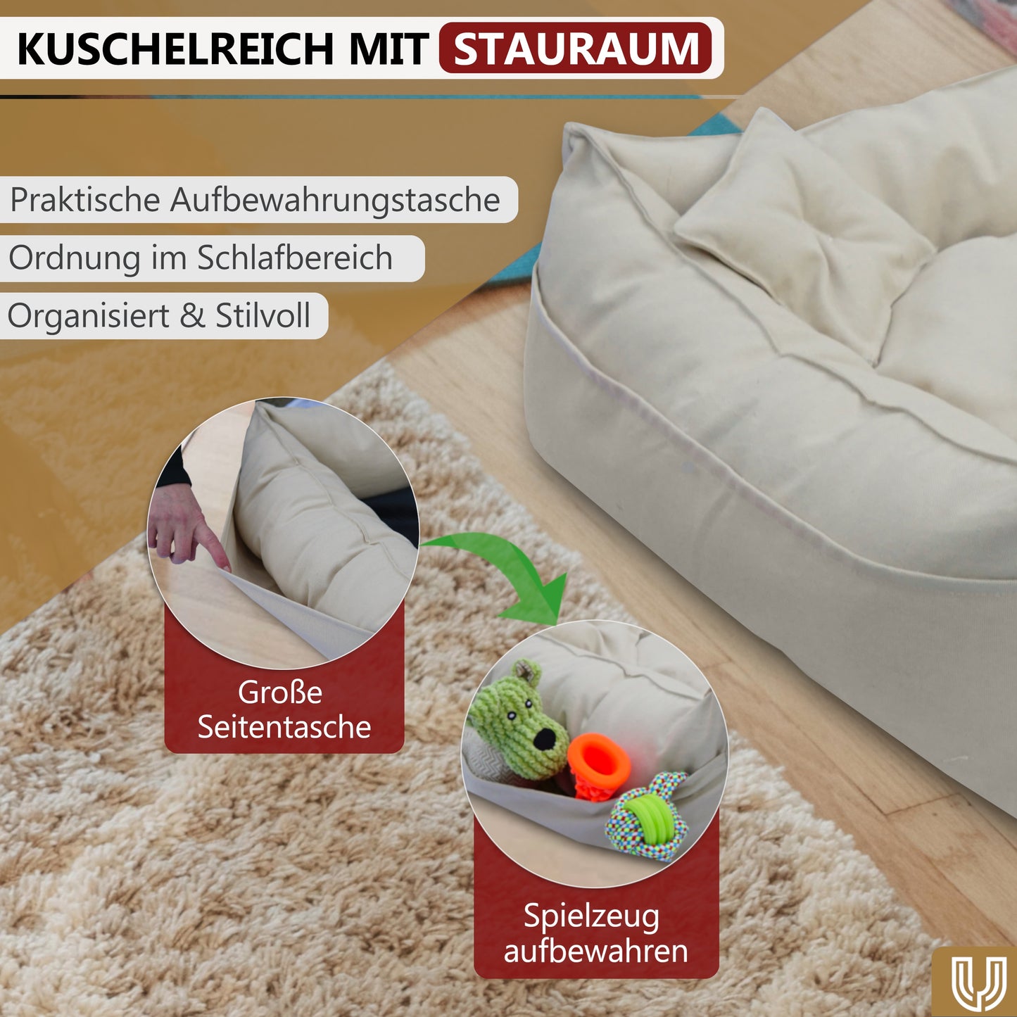 Kuscheliges Hundebett für kleine - mittelgroße Hunde Waschbar und rutschfest - Beige